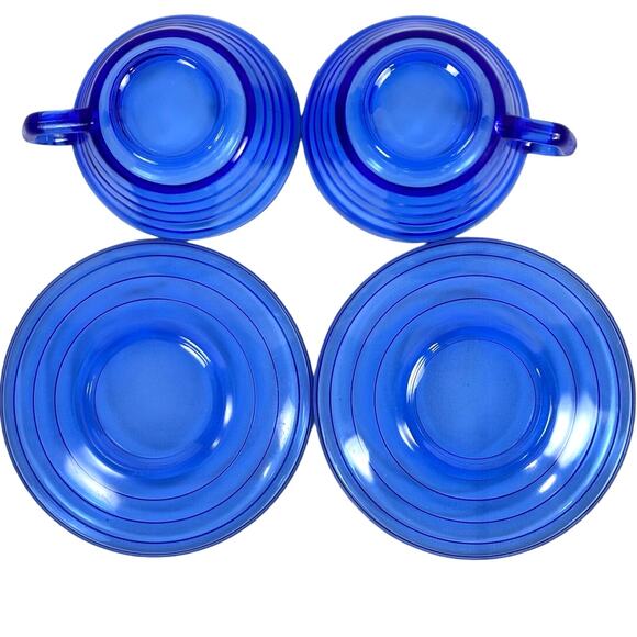 Hazel Atlas Moderntone Cobalt Blue Cups and Saucers-Set of 2 - Picture 4 of 4